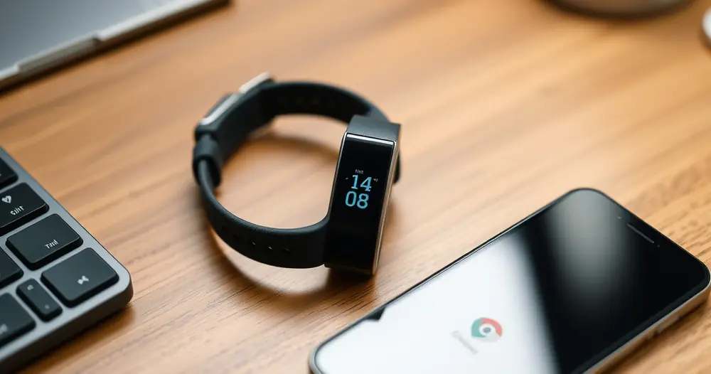 pulseira inteligente ao lado de um celular durante a configuração
