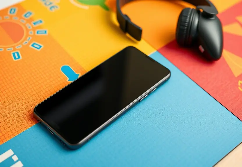 Celular sobre uma mesa colorida, ao lado de fones e de um controle de videogame