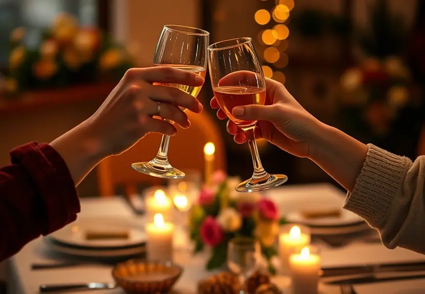 Duas taças erguidas sobre uma mesa posta, à luz de velas