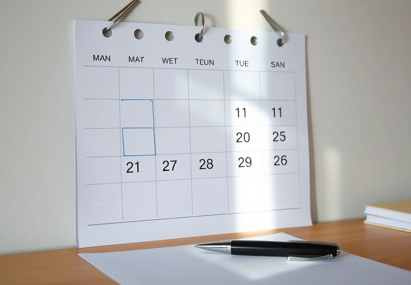 Calendário de parede com dias marcados e uma caneta apoiada na mesa