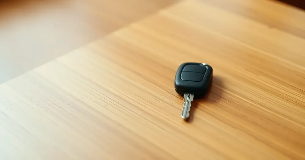 Chave de carro com controle preto sobre mesa de madeira clara