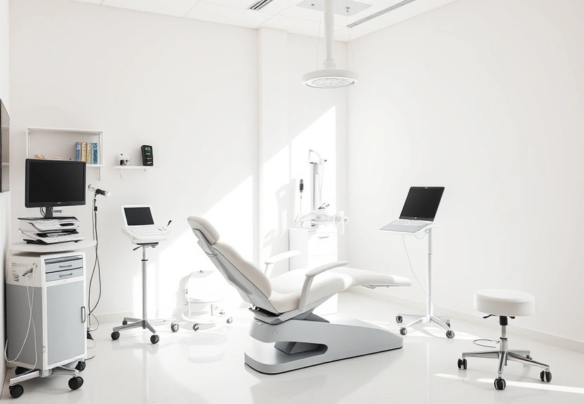 Estúdio de estética claro, com cadeira de atendimento e equipamentos organizados
